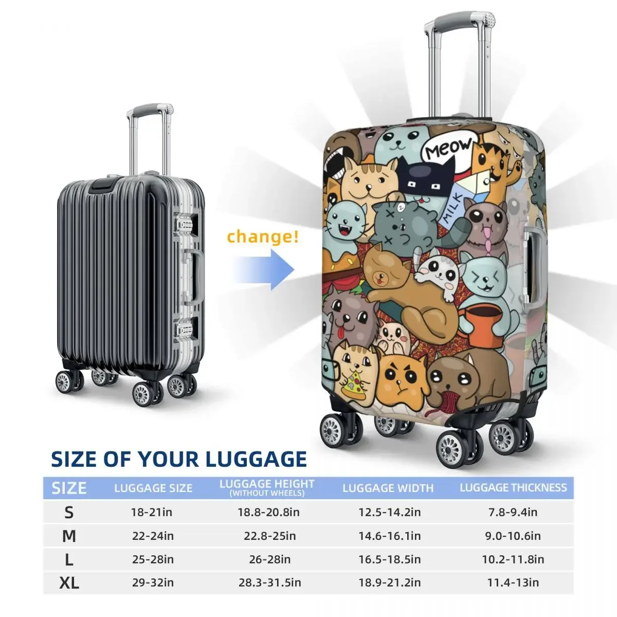 Doodle Cat Suitcase Cover Meow Animal Cute Elastic Cruise Trip Protector Luggage Accesories Vacation