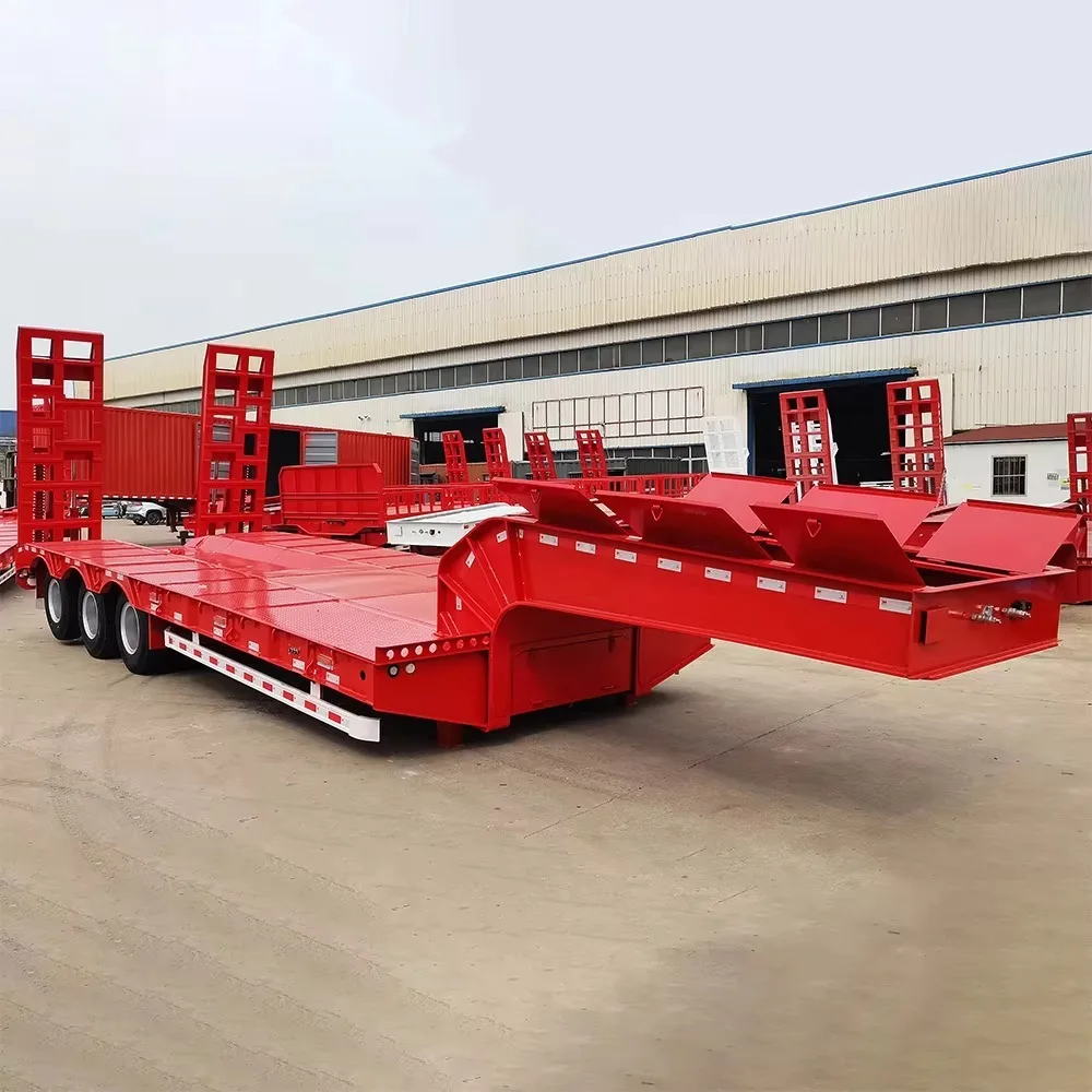 Heavy Duty Flatbed Truck Trailer 3 Axle Lowbed Semi Trailer With Hydraulic Ladder Lowboy Low Loader