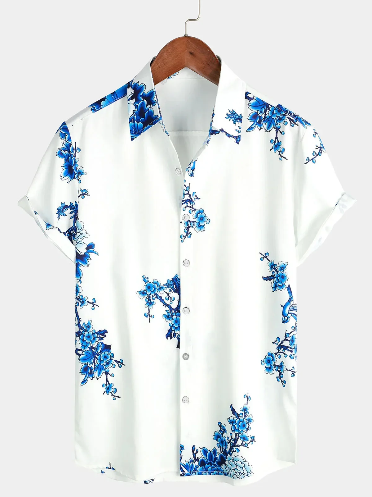 New Men's Light Color Peach Blossom Blue and White 3D Printed Shirt Vacation Hawaii Beach Lapel Short Sleeve Breathable Top