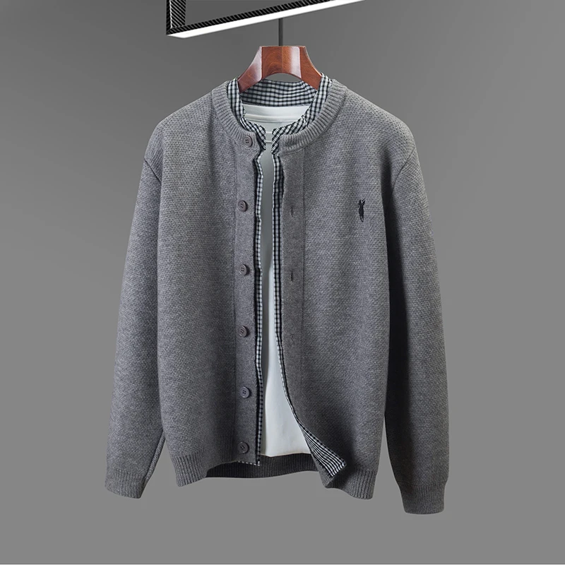 Autumn Winter Youth Men's Knitted Cardigan Sweater Button up Fake Two-Piece Trendy Outerwear wool Fur Blend Sporty Style