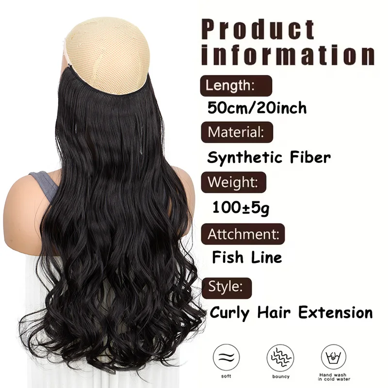 20Inch Synthetic Long Curly Invisible Wire Hair Extensions Headband Heat Resistant No Clips Hairpiece for Women