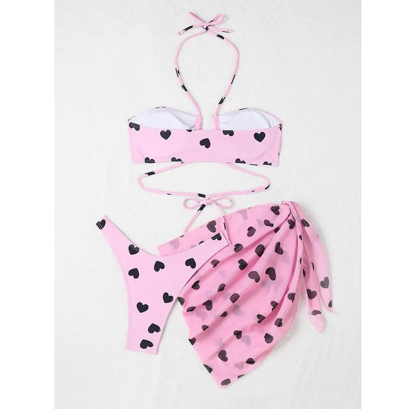 Set Bikini da donna con stampa a cuore da 3 pezzi con gonna costume da bagno a fascia perizoma costumi da bagno copricostume da spiaggia Push-Up