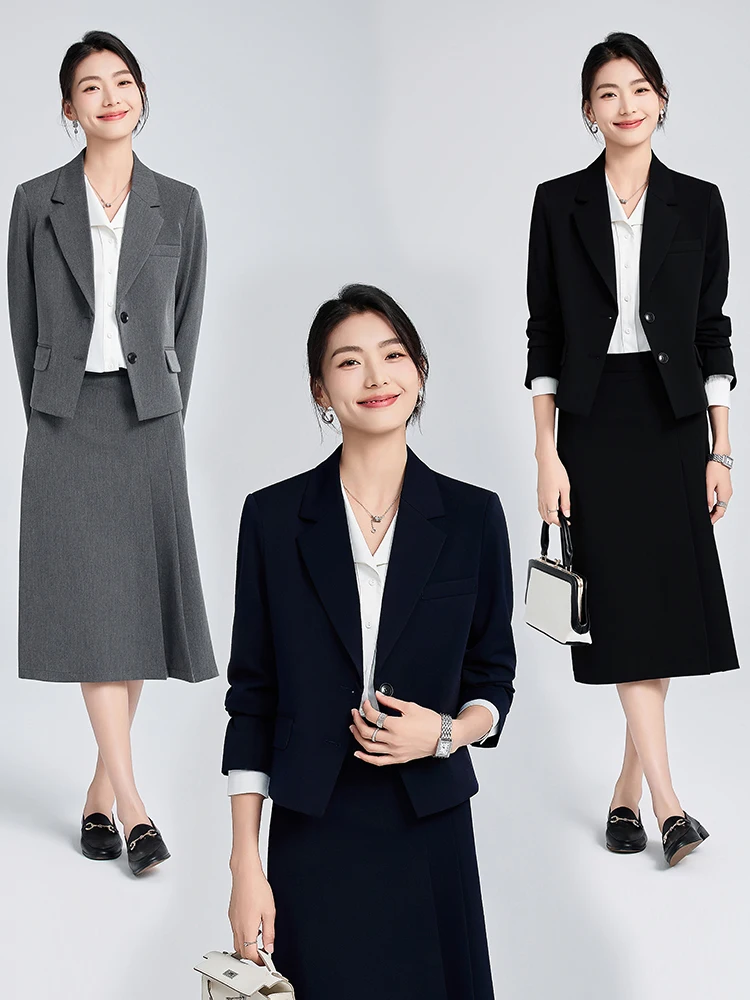 Gray Suit Jacket Women Spring Autumn New Professional Clothes College Students Interview Formal Commute West Set Skirt