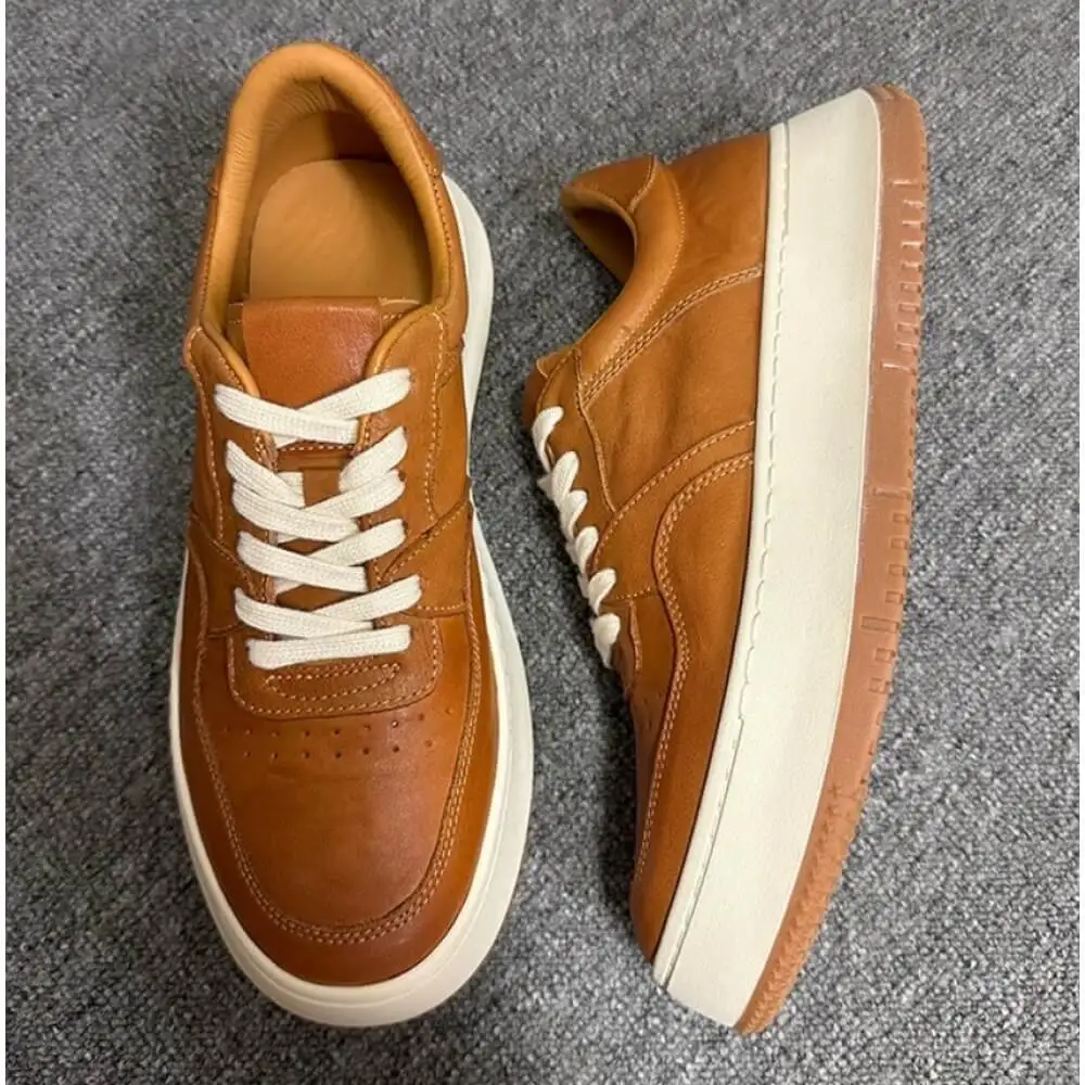 Caramel Brown Burnished Leather Platform Sneakers, vintage style with off-white laces and thick sole,