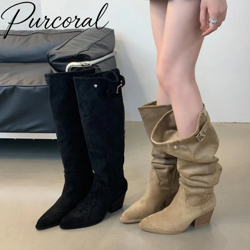 Purcoral 2026 Retro Women Slouchy Cowboy Boots Suede Pointed Toe Block Heel Back Zipper KneeHigh Ladies Fall Winter Long Boots