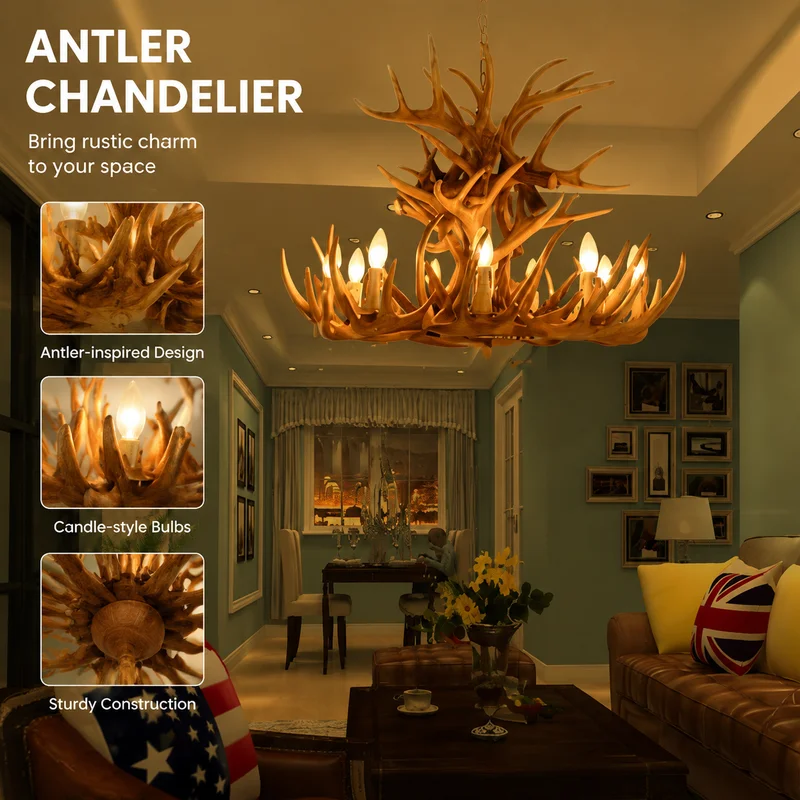 Antler Chandelier Rustic Industrial Deer Horn Pendant Light Resin Decor for Restaurant Dining Room Bar Shop Luxury Ceiling Lamps