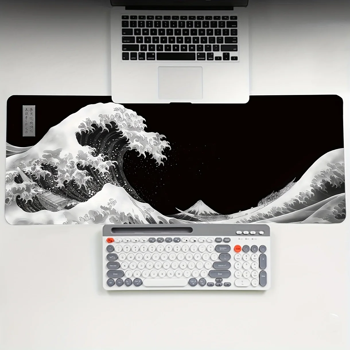 Festive Ukiyo-e Wave Mouse Pad: Black and White Design, 31.5 x 11.8 inches, Suitable for Office and Gaming, Made of Polyester Fi