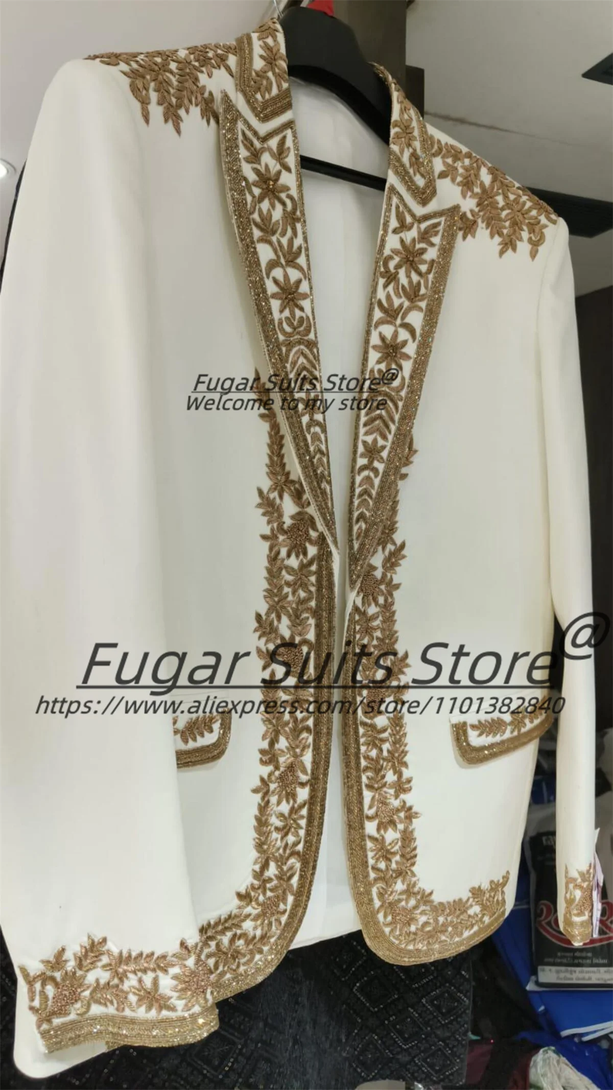Luxuly Embroidered Formal Groom Wedding Tuxedos Customized Slim Fit Peak Lapel 2 Pieces Sets Male Prom Blazers Costume Homme