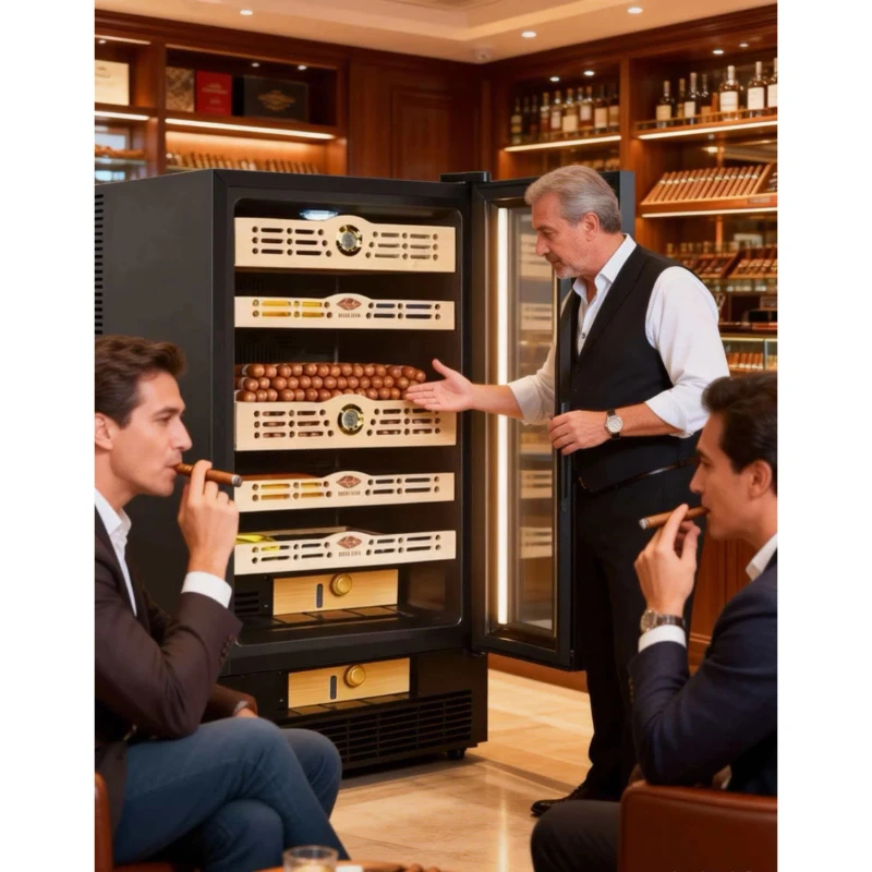 

35L Electronic Cigar Humidor Cooler Constant Temp Humidity Spanish Cedar 150-500 Cigars Lock LED