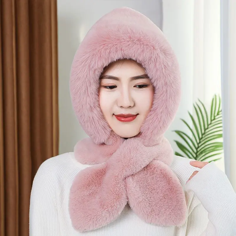 

2023 Winter Warm Hats Scarf Set Hooded for Women Plush Neck Warm Hats Outdoor Ski Windproof Hat Thick Plush Fluffy E1782