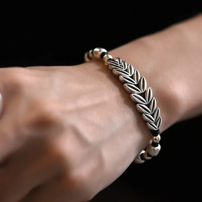 Retro 925 Silver Long Willow Leaf Bracelet Vintage Barley High Quality Black Braided Rope Bangles Men's and Women's Jewelry