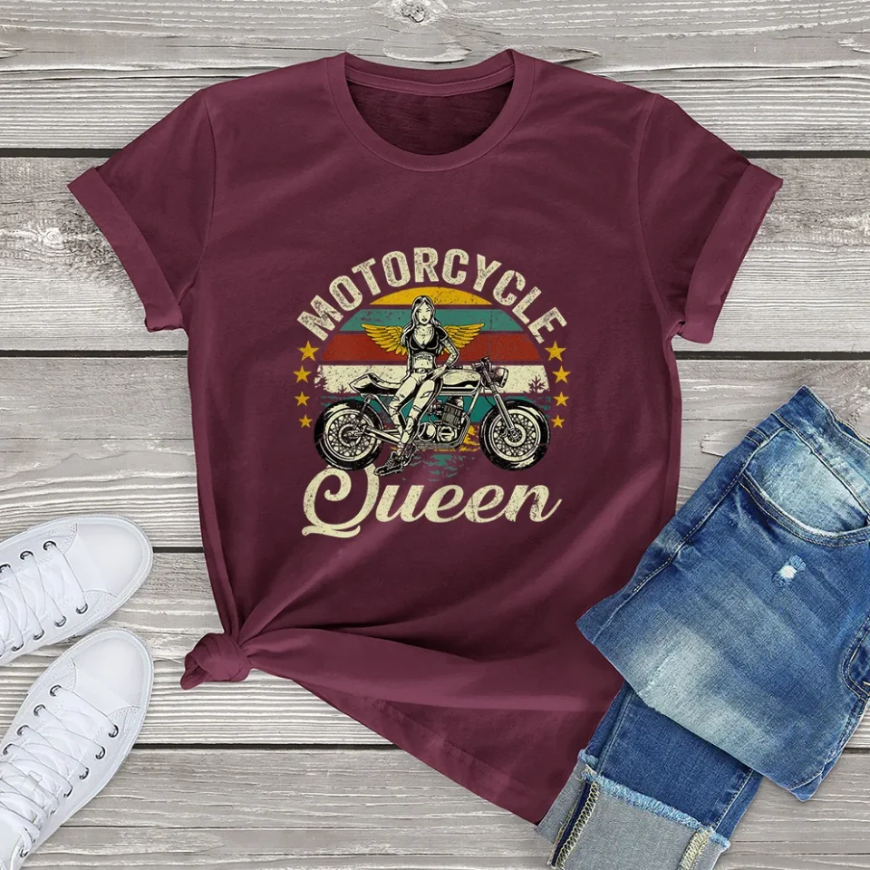 FLC 100% Cotton Personality Fashion Vintage Motorcycle Queen Grandma Clothing Gift Women T-Shirt Printed Unisex Tee Streetwear