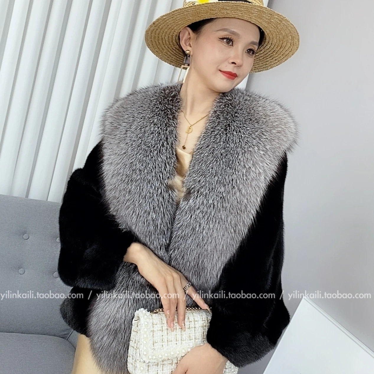 Mink Whole Leather Coat Silver Blue Fox Mink Coat Mink Leather Coat Winter Fur Shawl