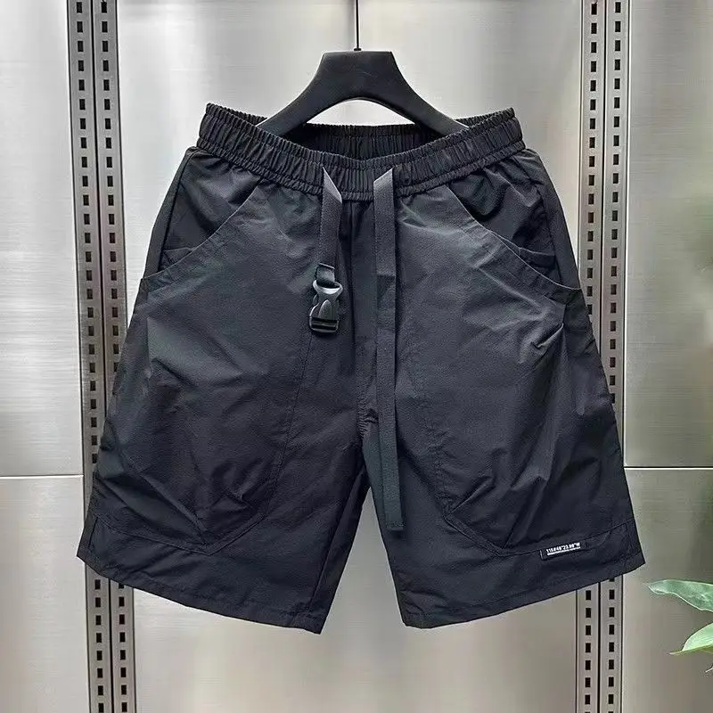 Trendy Brand Fashion Summer Men\'s Solid Color Elastic Waist Drawstring Pockets Patchwork Casual Loose Cargo Knee Length Shorts