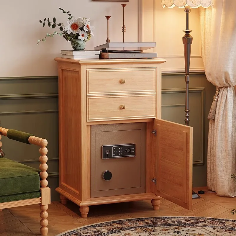 Solid Wood Nightstand with Hidden Safe – Biometric Fingerprint & Digital Keypad Lock, Smart Bedside Table Storage Cabinet