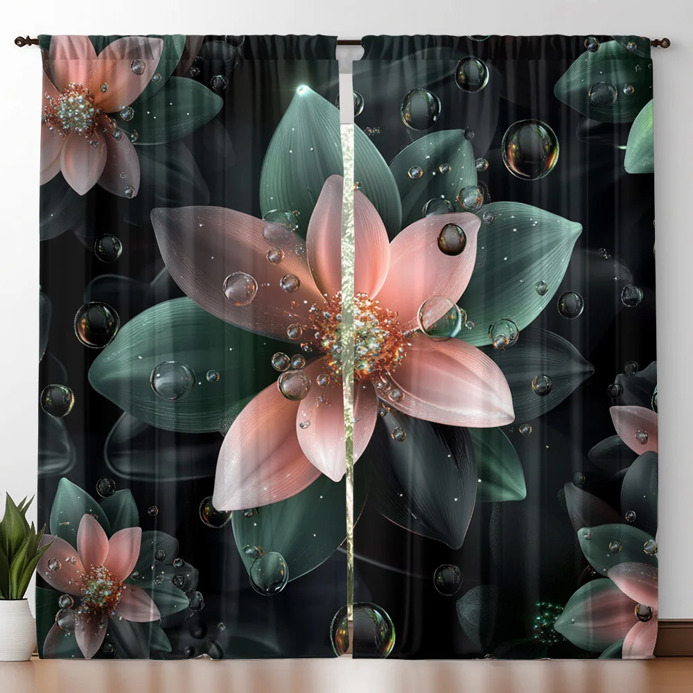 

2pc Floral, leaf, and water droplet print curtains, made of polyester, machine washable, suitable for bedrooms and living rooms.
