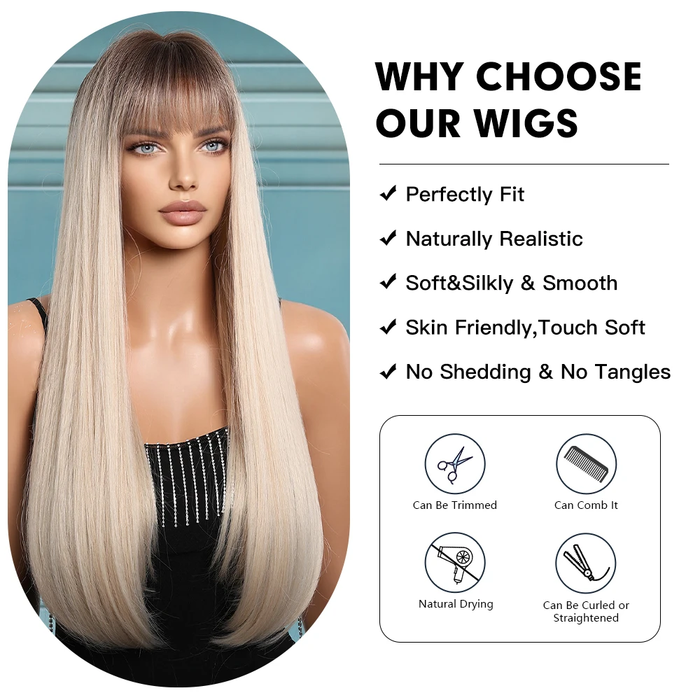 HENRY MARGU Blonde Silk Straight Wigs Long Ombre Wig with Bangs Soft Dark Roots Hair for Women Daily Use High Temperature Fiber