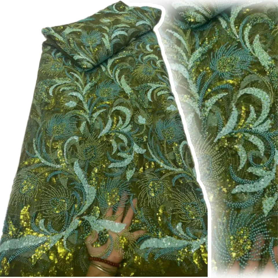 

French Embroidery Heavy Beaded Blue Lace Fabric 2025 African Nigerian Tulle Mesh with Sequins Fabric for Wedding Dress TP1446