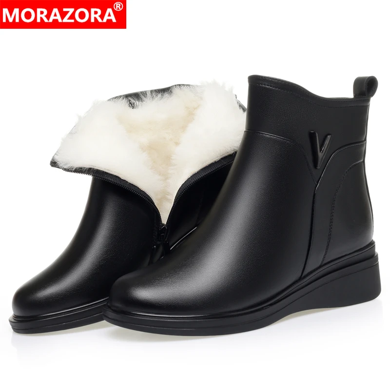 

MORAZORA Size 35-42 Wool Ankle Boots Zipper Black Winter Snow Boots Black Platform Mather Shoes Genuine Leather Short Boots