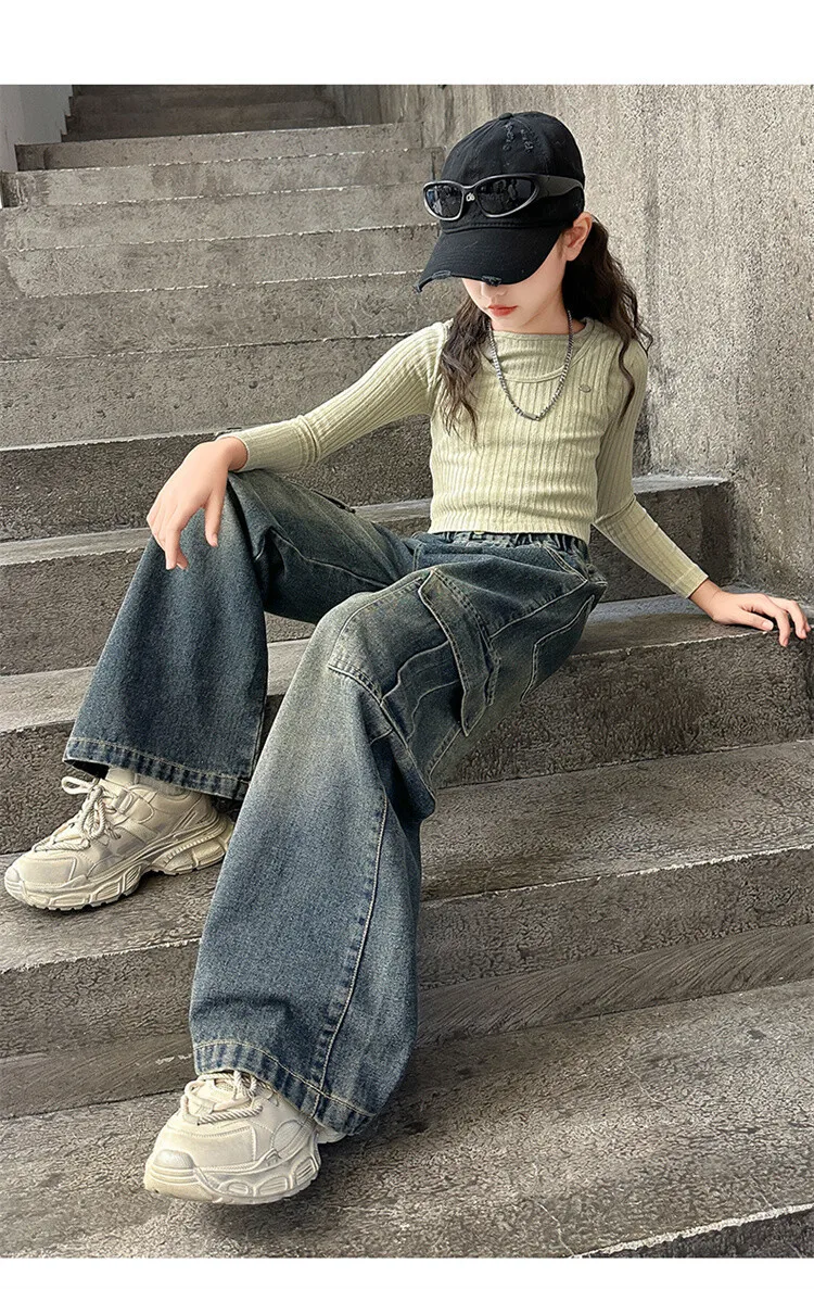 Mädchen Frühling Herbst Cargo Weite Bein Jeans 4-14 Jahre Kinder Elastische Hohe Taille Multi-Taschen Lose Freizeithose – Detail 35