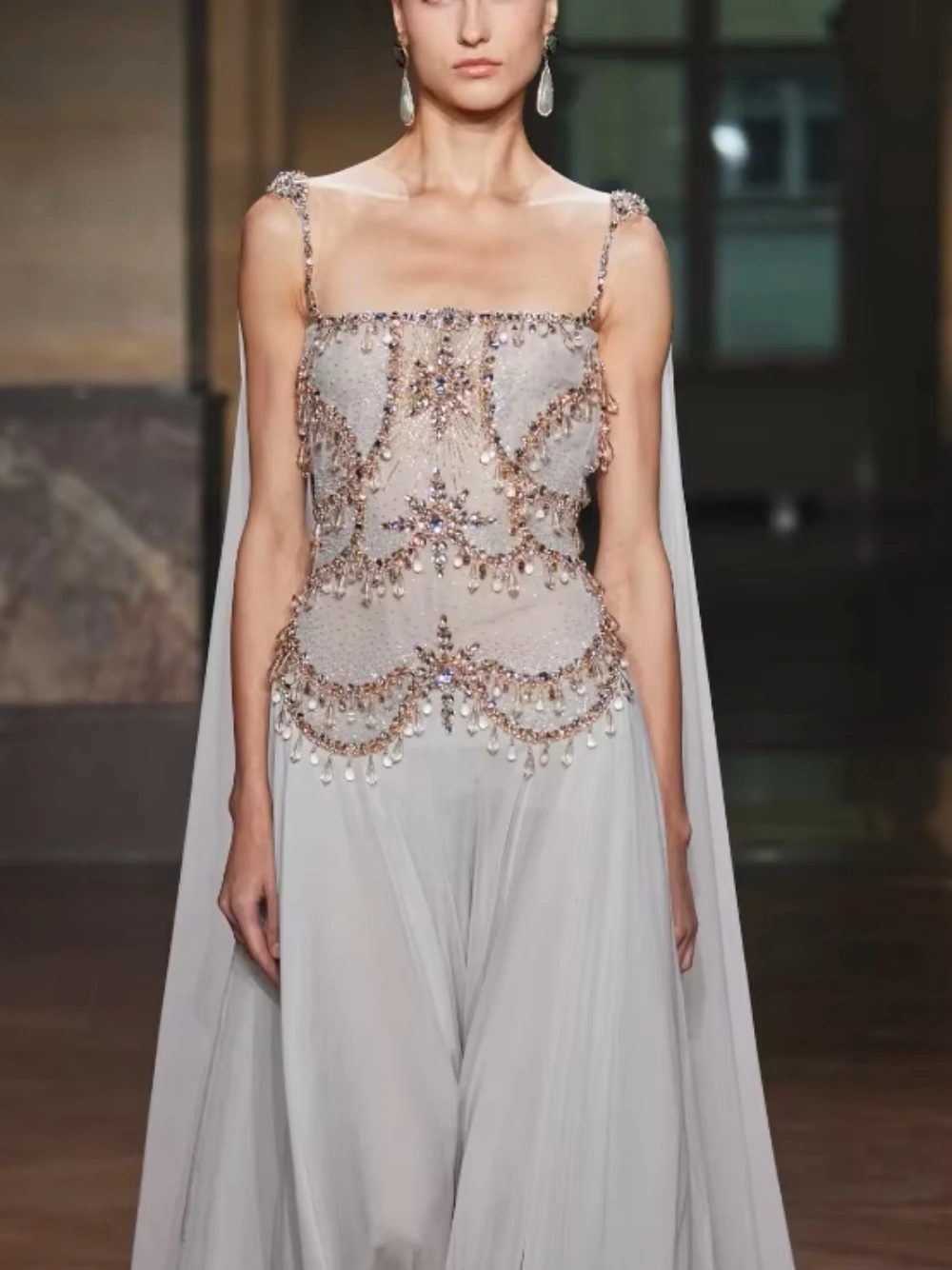 

Luxury 3D Beaded Cape Evening Gown For Women Elegant Fairy Chiffon Sleeveless Square Neck Gala Cocktail Bridesmaid Formal Dress