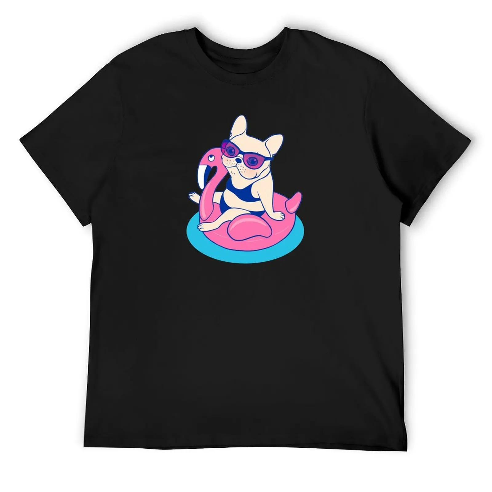 Frenchie enjoys Summer on Flamingo Pool Float in swimming pool T-Shirt oversized heavyweights mens plain t shirts