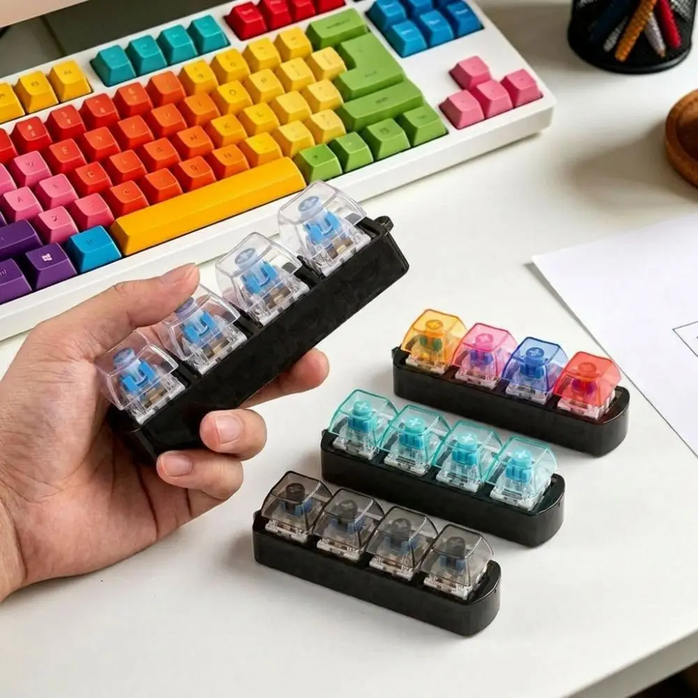 4 Keys LED Keyboard Keychain Crisp Clicky Press Feeling Transparent Light Up Keycap Fidget Wear-resistant with LED Light