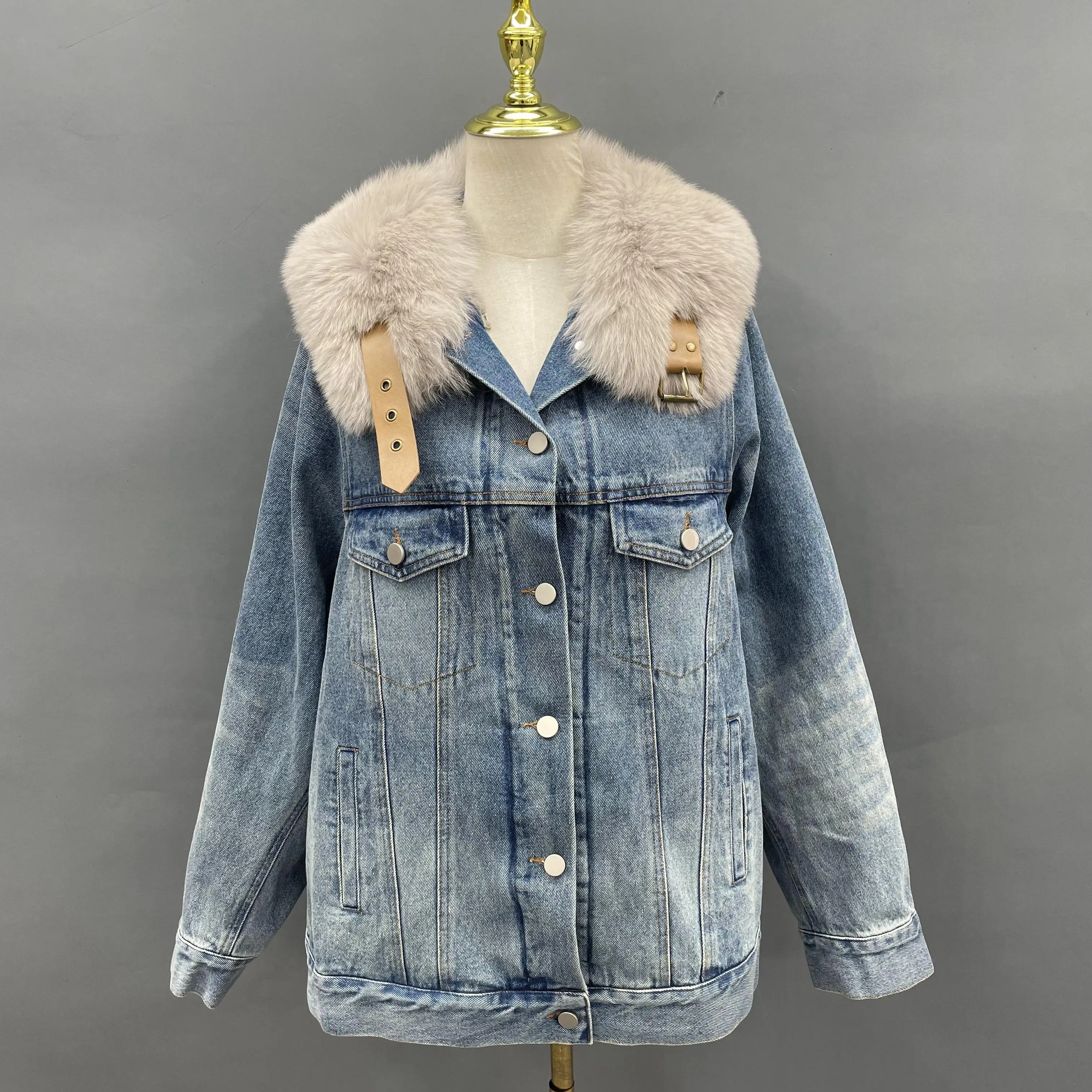 2023 Winter Warm Coat Natural Real Fox Fur Jacket Mulher Parkas Women's Denim Coat