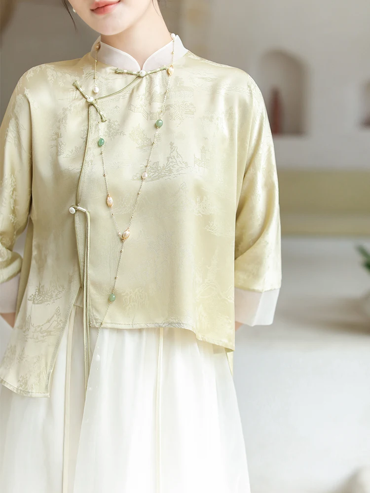 

Новая женская модная блузка в китайском стиле ретро, национальный наряд для чаепития, с вышивкой из ацетата, улучшенный костюм Тан, топ на пуговицах