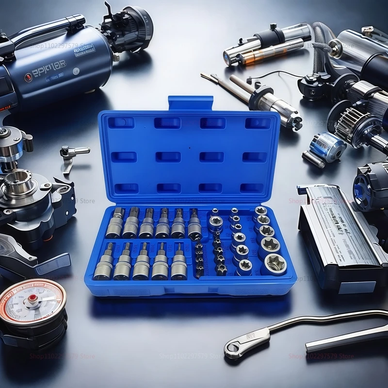 34 قطعة محرك مجموعة مقابس مع 3/8 و 5/16 بوصة بت توركس ستار مآخذ النجوم الخارجية لإصلاح السيارات الميكانيكية