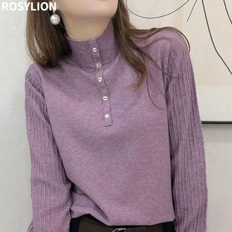 

Warm Soft Waxy Loose Belly-covering Sweater Long Sleeve Undershirt for Women Knitted Sweater Button Pullovers Ladies Knit Top