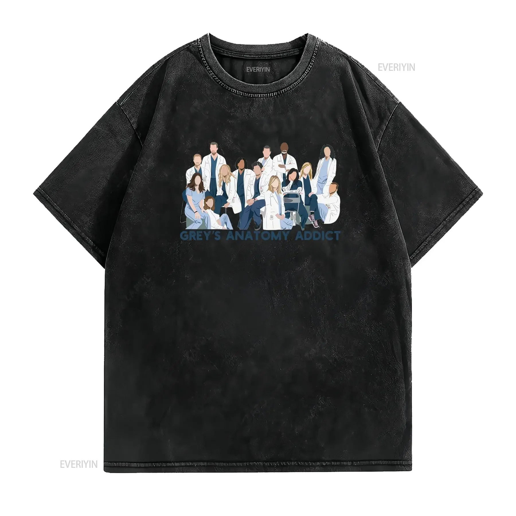 Grey's Anatomy Addict Cartoon Doctor Group Print Casual T Shirt vintage Washed fashion Stretched Comfortable graphic Breathable
