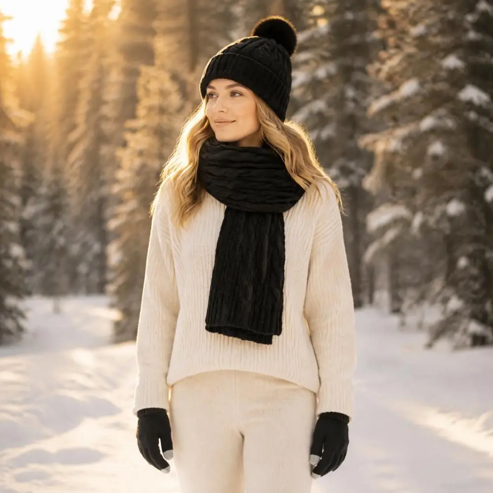 Winter Hat Scarf Gloves Winter Hat Scarf Gloves Set for Women Warm Pompom 62-inch Knit Scarf Cozy Touchscreen for Weather