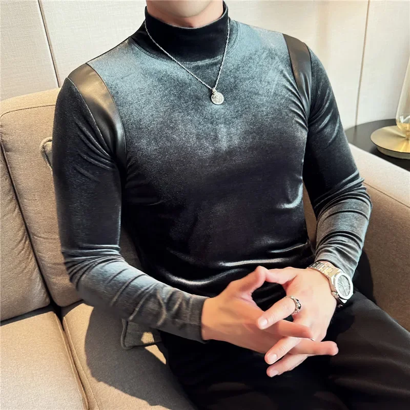 Fashion Leather Spliced Design Long Sleeve T Shirt Korean Luxury Men Velvet Thickened Turtleneck Slim Fit Elastic Tee Shirt 4XL
