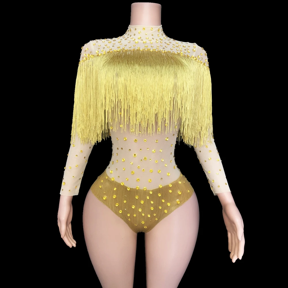 

Sparkly Rhinestones Fringes Leotard Sexy Mesh Transparent Dance Costume Tassel Bodysuit Performance Costume Stage Wear Nightclub