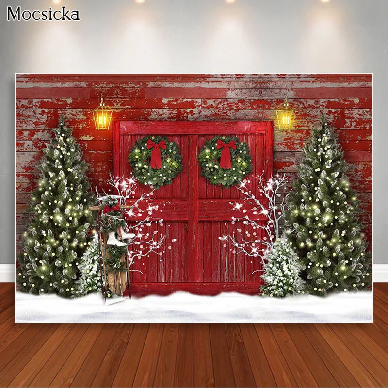 Fondo de fotografía de puerta roja de Navidad, telón de fondo Vintage rústico, árboles de Navidad, retrato familiar, accesorios para fotomatón