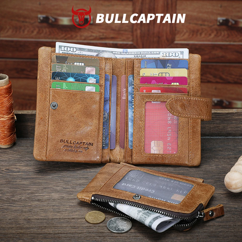BULLCAPTAIN Genuine Leather Men's Wallet RFID Blocking Vintage Bifold Short Purse Cowhide Credit Card Holder with Coin Pocket - view 4
