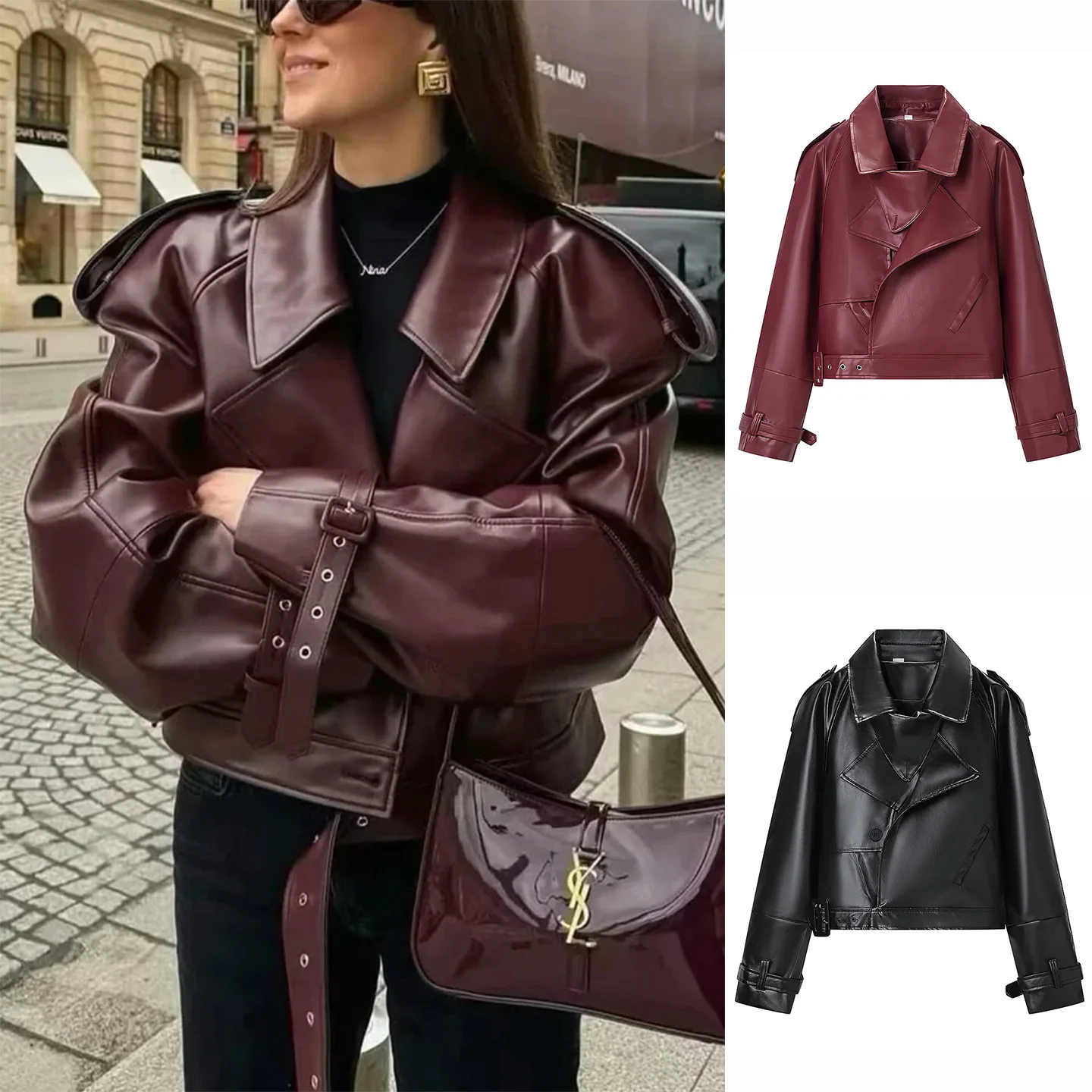 

Winter New Women's Loose Fit Biker Sle Long Sve Stand Collar PU Leather ort Jaet Coat Functional Faion Ladies' Wear