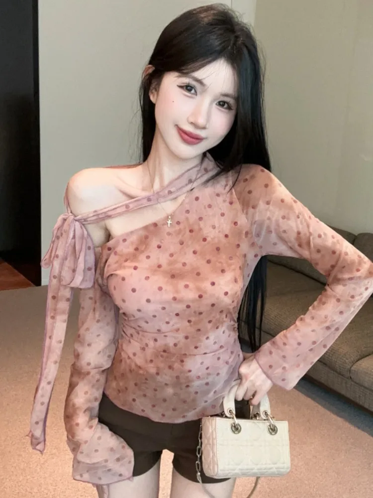 

Tie Dye Mesh Polka Dot Top High Waist Shorts Two Piece Set Women's Spring Autumn Fashion Sweet Style plus Size Casual Outfit
