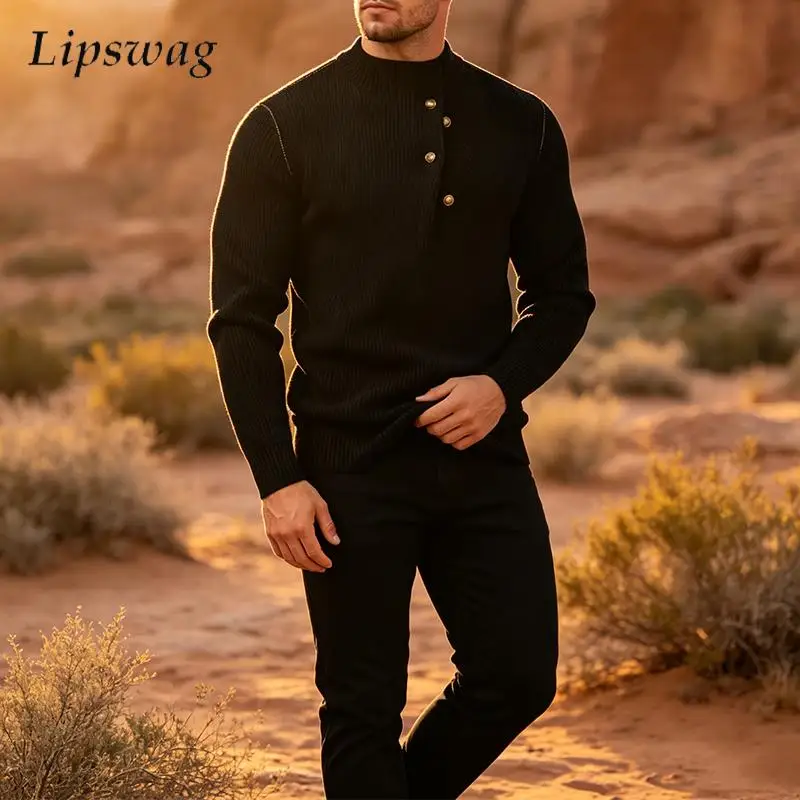 Vintage Men Knitted Sweater Solid Color Stand Collar Button Design Long Sleeve Casual Pullover Autumn Winter Tops For Male