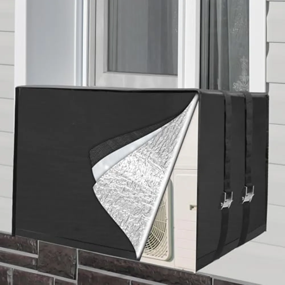 Black Dust Cover for AC Outdoor Unit 65x45.5x52cm Cold Weather Insulation Wind Resistant Metal Strap Fastening