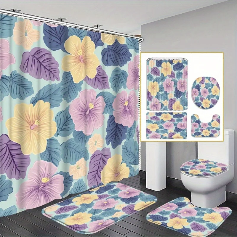 

Набор для ванной комнаты с цветочным узором из 4 предметов включает занавеску для душа с крючками, нескользящим ковриком, сиденье для унитаза и нескользящую накладку.