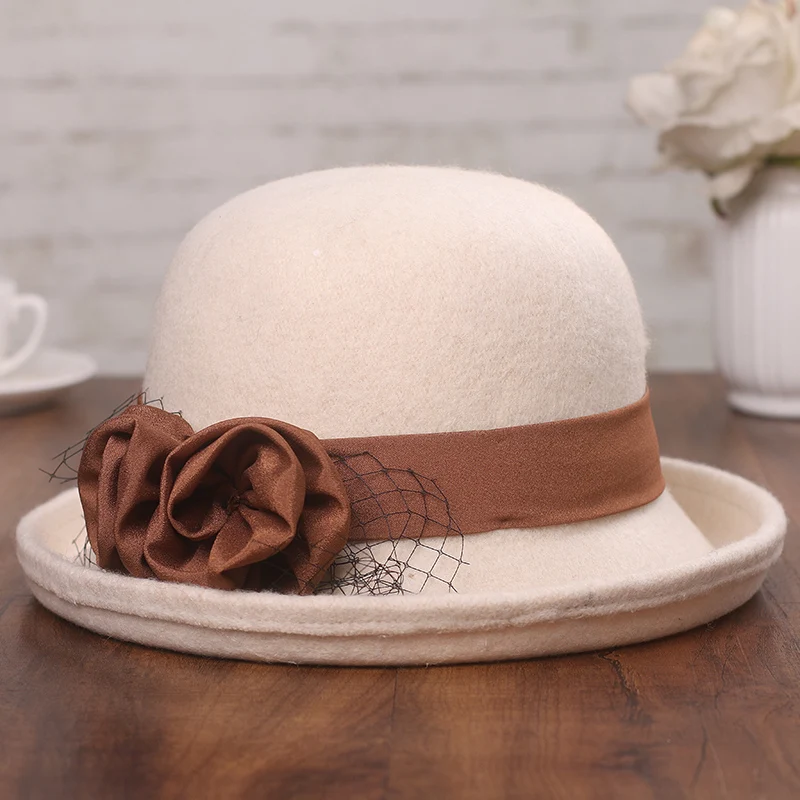 

Multi-color Warm Wool Bucket Hat for Women Flower Bow Floppy Fedoras European Women Casual Spring Winter Pure Wool Bucket Cap