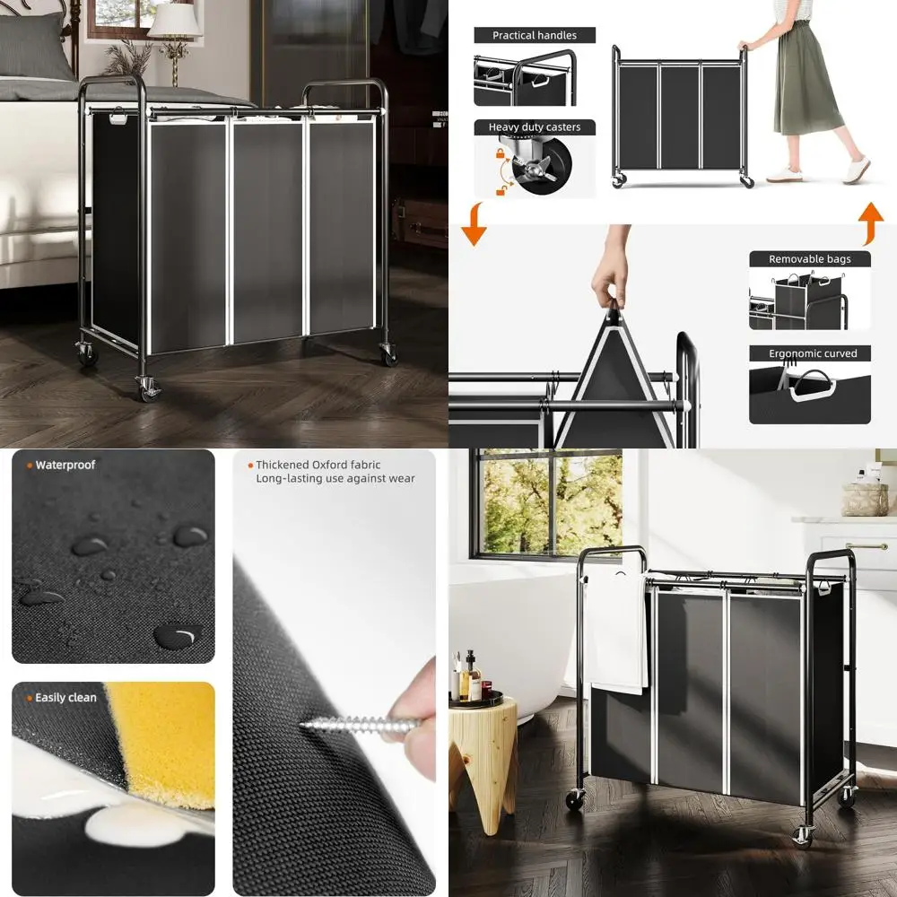 

Прочная трехсекционная корзина для белья со съемными сумками и колесами для компактного хранения в доме, общежитии и в шкафу (черная)