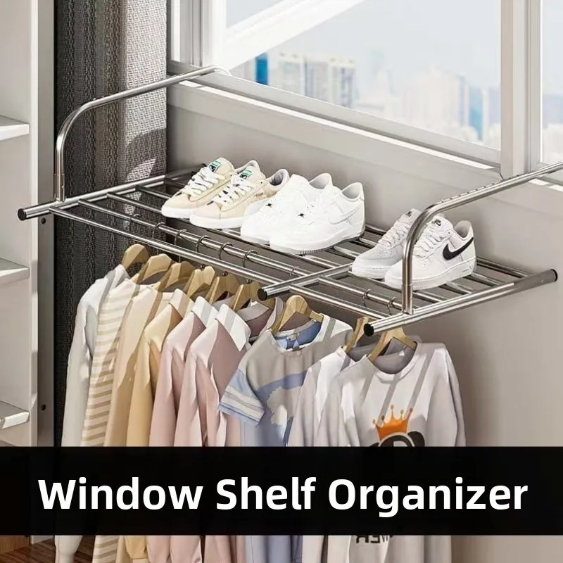 Portable Retractable Window Clothes Drying Rack Non-Piercing Storage Shelf Outdoor Balcony Free Stacking Shoe Rack Enhanced
