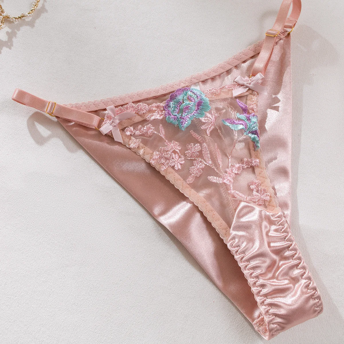 Lencería Sensual para mujer, ropa interior de seda transparente Floral elegante, liguero transparente, conjuntos exótico