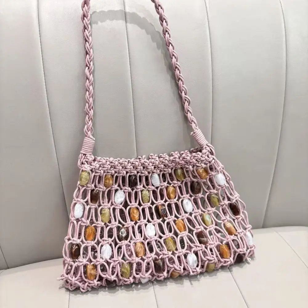 

Korean Style Beaded Woven Bag Handmade Ethnic Style Hollow Out Shoulder Bag Wax Rope Solid Color Crochet Tote Bag Ladies/Girls