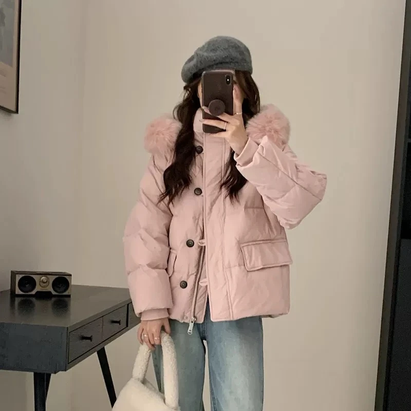 Women's Winter Hooded Down Jacket with Large Fur Collar Sweet Casual Coats Stylish Button Outerwear Thick Warm Short Down Jacket