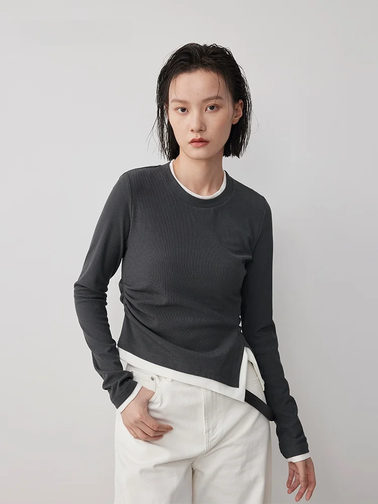 

Весна 2024: Женская приталенная футболка с круглым вырезом XMOOM2024, асимметричный повседневный топ с длинным рукавом из полиэстера для города