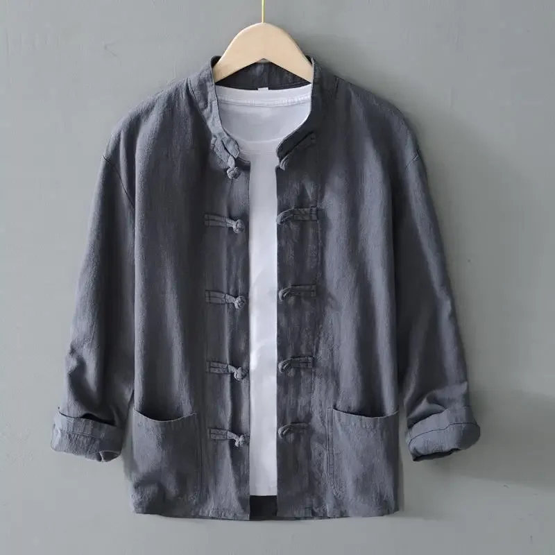 Chinese Vintage Button-up Men's Long Sleeve Tang Suit Shirt Cotton Linen Fabric Spring Summer Asian Linen Jacket Thin